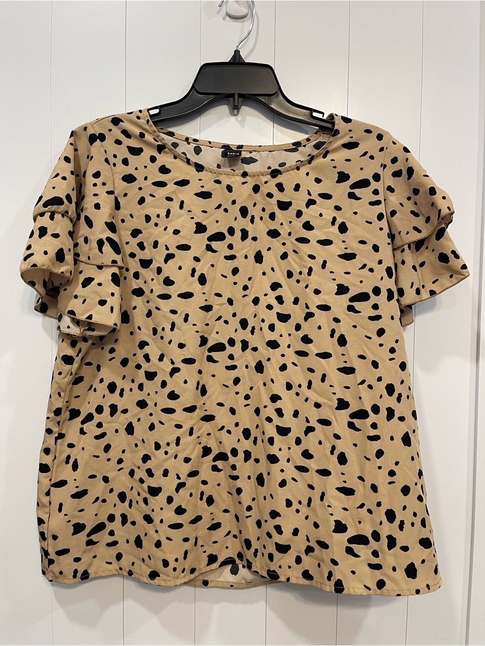 SHEIN Tan Blouse with Black Spot Print and Ruffle Sleeves Large